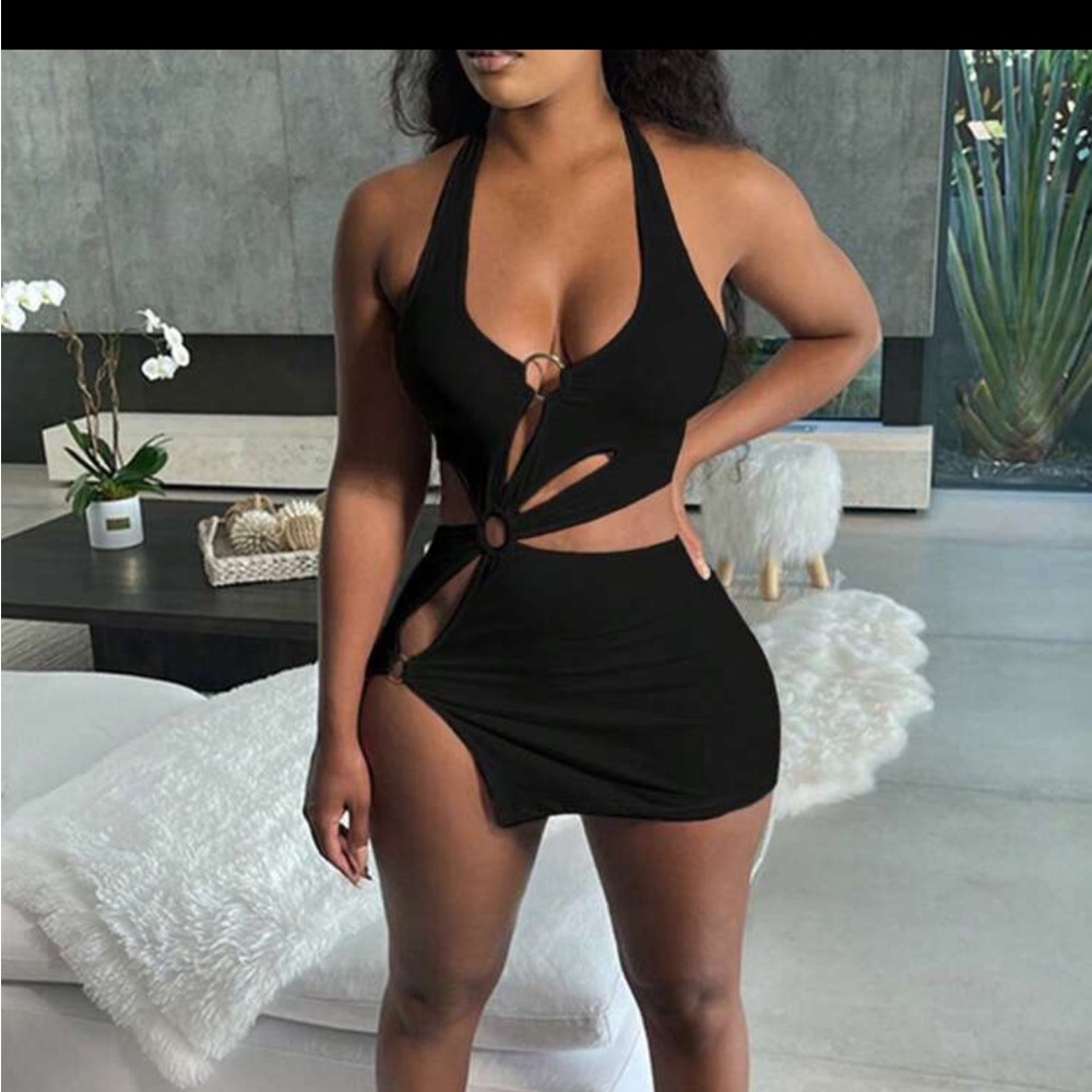 SHEIN black  Deep V-Neck Hollow Out Backless Mini Bodycon Dress size large